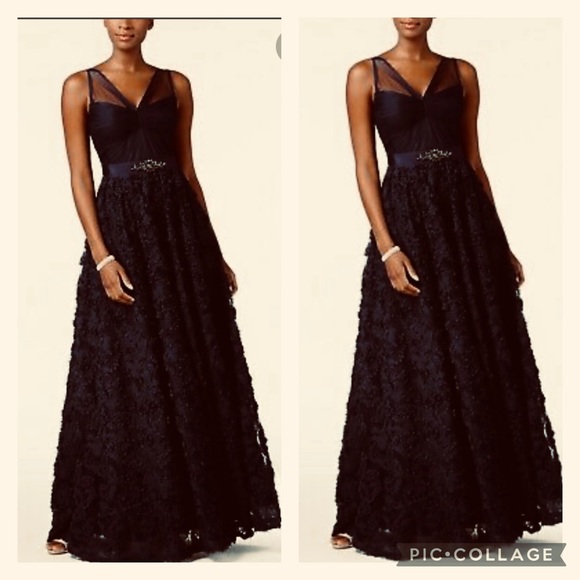 Adrianna-Papell rosette mesh Jewels illusion Neckline long gown - Picture 6 of 13